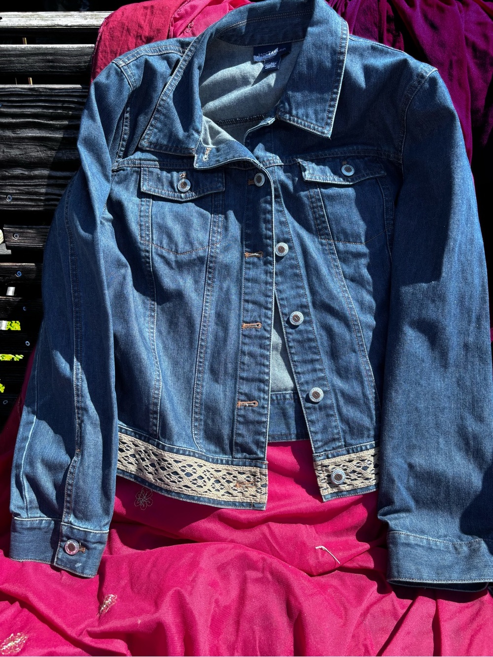 Ann Taylor Blue Jean Jacket with Crochet Trim